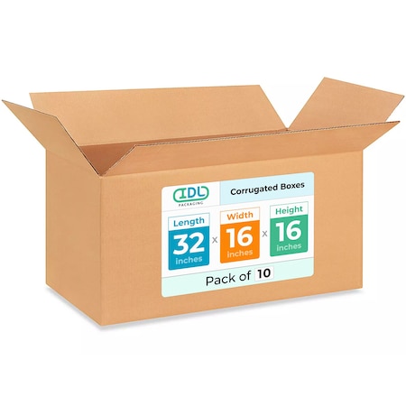 Idl Packaging 32 in x 16 in x 16 in Shipping Box, Kraft, Corrugate, Single Wall, 200#, 10 PK B-321616-10